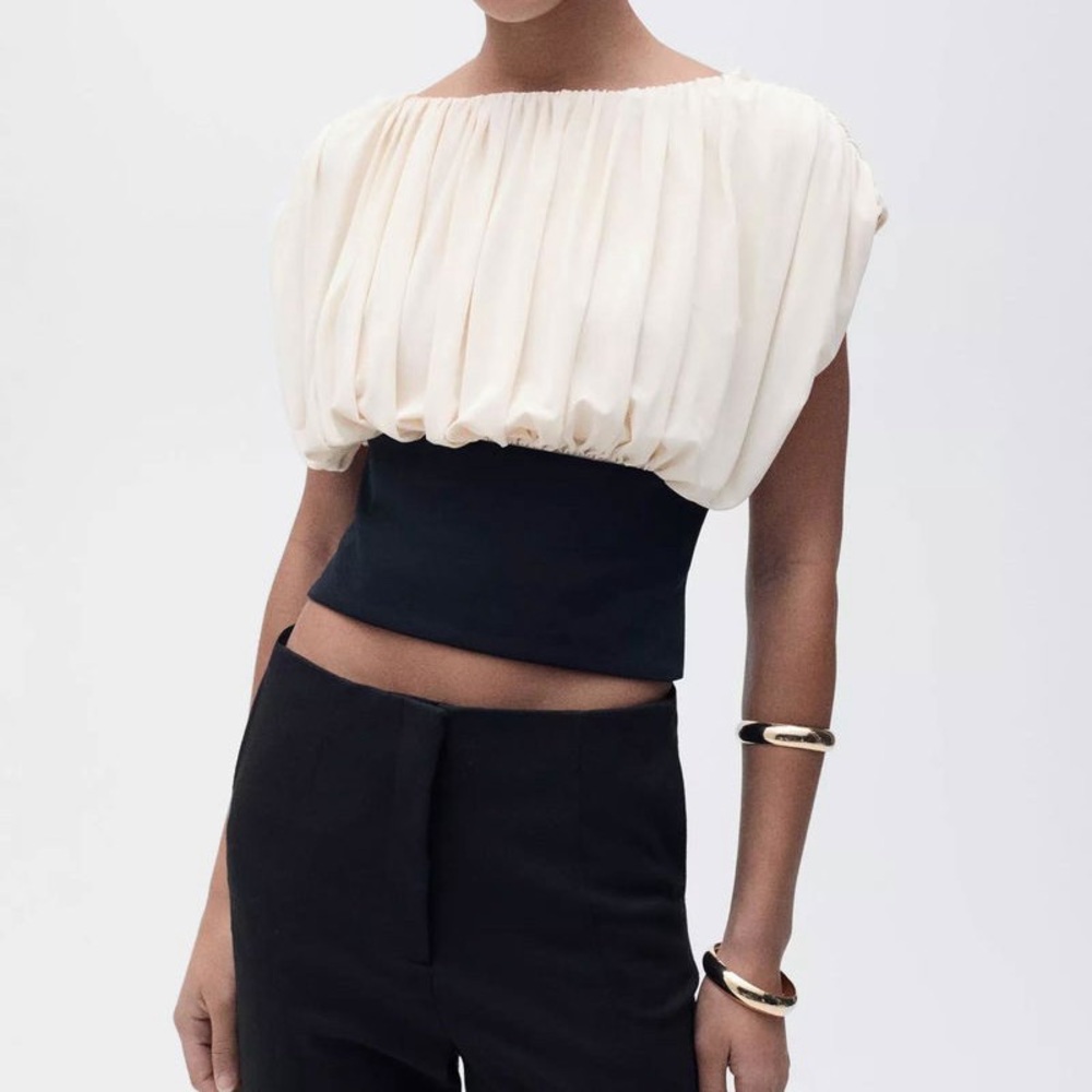 MANGO NWOT Cream and Black Draped Top M Never worn/ tried on. Tags off (a gift)